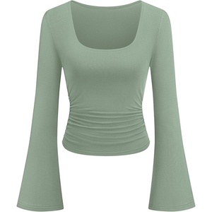 PRETTYGARDEN Womens Long Bell Sleeve Going Out Tops Fall Fashion 2026 Square Neck Ruched Ribbed Shirts Winter Y2K Clothes(Sage Green)