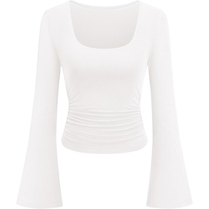 PRETTYGARDEN Womens Long Bell Sleeve Going Out Tops Fall Fashion 2026 Square Neck Ruched Ribbed Shirts Winter Y2K Clothes(White)