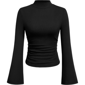 PRETTYGARDEN Womens Long Bell Sleeve Mock Neck Ribbed Tops | Ribbed Flare Bell Sleeve Top, Flattering Ruched Waist, Y2K Clothes, Dressy Casual Shirts, Fall Winter Work Going Out Outfits(Black)