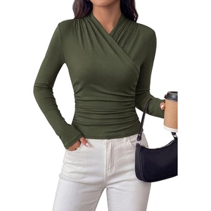PRETTYGARDEN Womens Long Sleeve Shirts 2026 Fall V Neck Cross Wrap Going Out Top Ribbed Ruched Fitted Business Casual Clothes(Army Green)