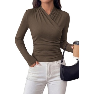PRETTYGARDEN Womens Long Sleeve Shirts 2026 Fall V Neck Cross Wrap Going Out Top Ribbed Ruched Fitted Business Casual Clothes(Brown)