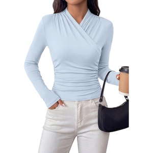 PRETTYGARDEN Womens Long Sleeve Shirts 2026 Fall V Neck Cross Wrap Going Out Top Ribbed Ruched Fitted Business Casual Clothes(Light Blue)