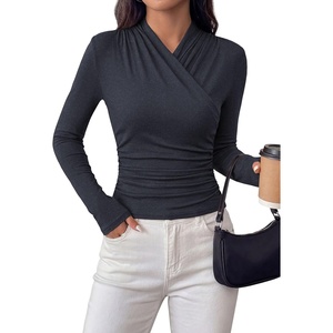 PRETTYGARDEN Womens Long Sleeve Shirts 2026 Fall V Neck Cross Wrap Going Out Top Ribbed Ruched Fitted Business Casual Clothes(Navy Blue)
