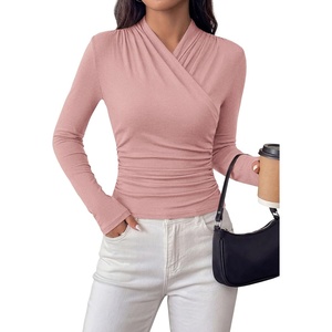 PRETTYGARDEN Womens Long Sleeve Shirts 2026 Fall V Neck Cross Wrap Going Out Top Ribbed Ruched Fitted Business Casual Clothes(Pink)