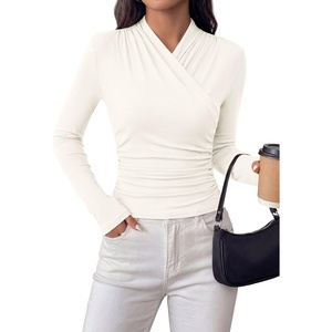 PRETTYGARDEN Womens Long Sleeve Shirts 2026 Fall V Neck Cross Wrap Going Out Top Ribbed Ruched Fitted Business Casual Clothes(White)