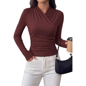 PRETTYGARDEN Womens Long Sleeve Shirts 2026 Fall V Neck Cross Wrap Going Out Top Ribbed Ruched Fitted Business Casual Clothes(Wine Red)