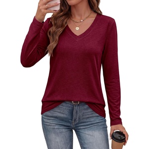 PRETTYGARDEN Womens Long Sleeve Shirts V Neck Basic Tees | Going Out Tops, Soft Comfy Plain T-Shirts, Loose Fit Tunic Blouses, Casual Versatile Wear, Brunch Outfits, 2026 Fall Clothes(Burgundy)