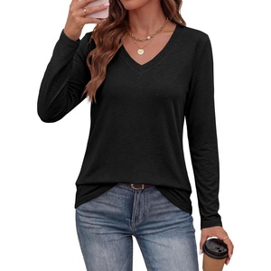 PRETTYGARDEN Womens Long Sleeve Shirts V Neck Basic Tees | Going Out Tops, Soft Comfy Plain T-Shirts, Loose Fit Tunic Blouses, Casual Versatile Wear, Brunch Outfits, 2026 Fall Clothes(Black)
