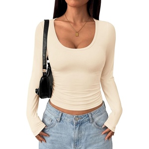 PRETTYGARDEN Womens Long Sleeve Tops 2026 Casual Scoop Neck Basic Tees Slim Fitted Tshirts Layer Knit Fall Outfits(Apricot)