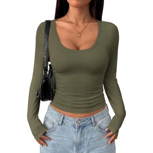 PRETTYGARDEN Womens Long Sleeve Tops 2026 Casual Scoop Neck Basic Tees Slim Fitted Tshirts Layer Knit Fall Outfits(Army Green)
