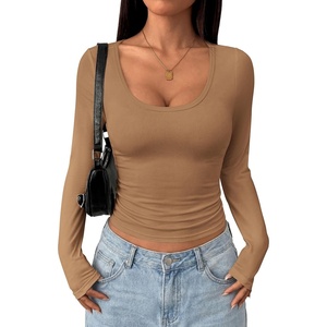 PRETTYGARDEN Womens Long Sleeve Tops 2026 Casual Scoop Neck Basic Tees Slim Fitted Tshirts Layer Knit Fall Outfits(Khaki)