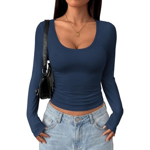 PRETTYGARDEN Womens Long Sleeve Tops 2026 Casual Scoop Neck Basic Tees Slim Fitted Tshirts Layer Knit Fall Outfits(Navy)