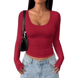 PRETTYGARDEN Womens Long Sleeve Tops 2026 Casual Scoop Neck Basic Tees Slim Fitted Tshirts Layer Knit Fall Outfits(Wine Red)