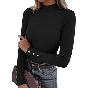 PRETTYGARDEN Women’s Ribbed Mock Neck Long Sleeve Tops | Slim Fitted T-Shirts, Soft Stretch, Decorative Buttons, Going Out Work Casual Wear, Fall Outfits Layering Winter Clothes(Black)