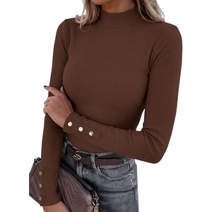 PRETTYGARDEN Women’s Ribbed Mock Neck Long Sleeve Tops | Slim Fitted T-Shirts, Soft Stretch, Decorative Buttons, Going Out Work Casual Wear, Fall Outfits Layering Winter Clothes(Brown)