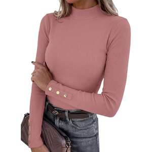 PRETTYGARDEN Women’s Ribbed Mock Neck Long Sleeve Tops | Slim Fitted T-Shirts, Soft Stretch, Decorative Buttons, Going Out Work Casual Wear, Fall Outfits Layering Winter Clothes(Pink)
