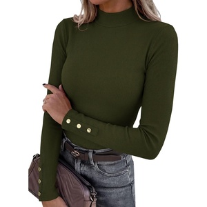 PRETTYGARDEN Women’s Ribbed Mock Neck Long Sleeve Tops | Slim Fitted T-Shirts, Soft Stretch, Decorative Buttons, Going Out Work Casual Wear, Fall Outfits Layering Winter Clothes(Army Green)