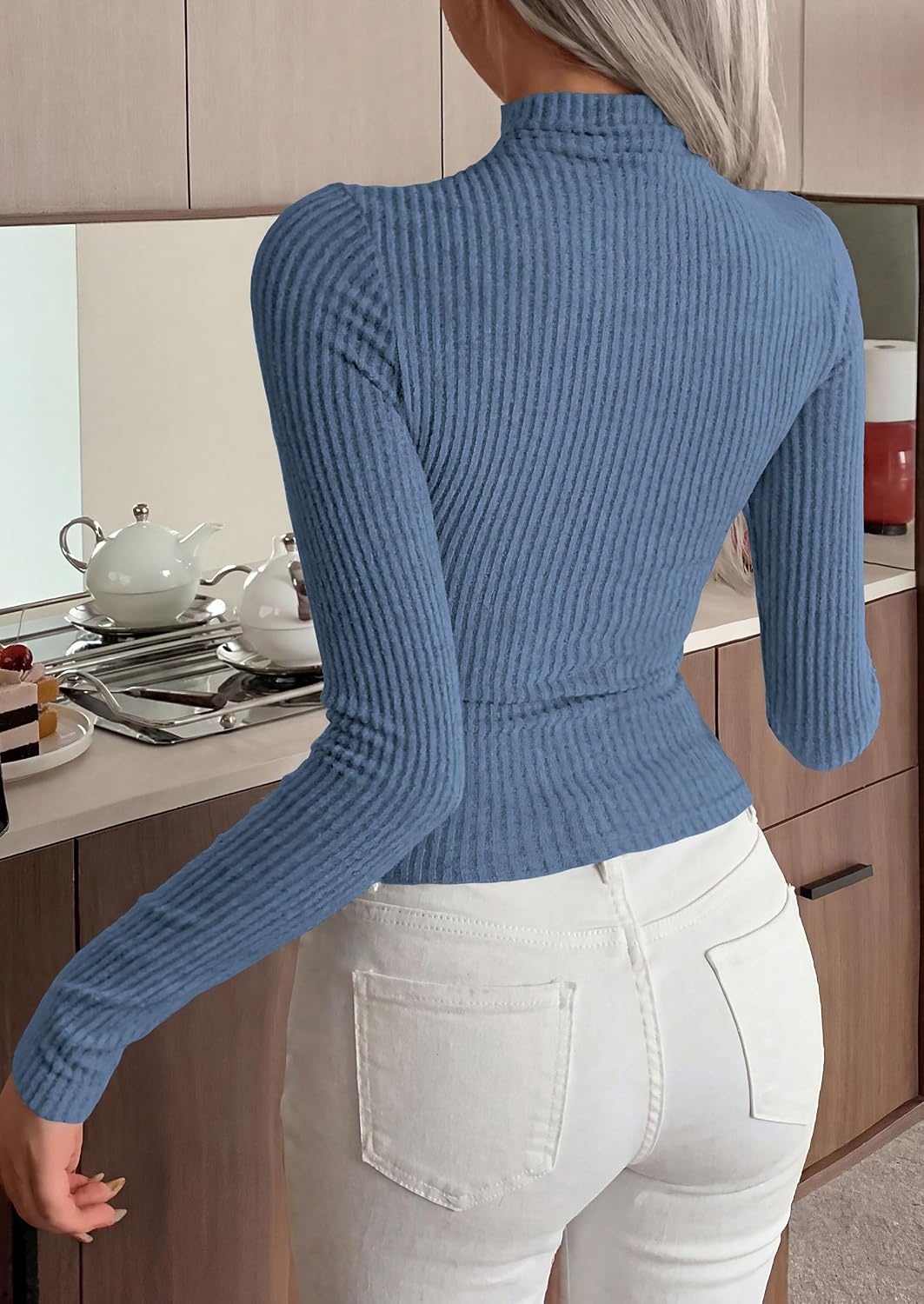 image:imagePRETTYGARDEN Long Sleeve Shirts for Women Fall Clothes Soft Brushed Ribbed Knit Pullover Mock Neck Lightweight Sweater Comfy Underscrubs Basic Casual Winter Layering TopsDusty Blue