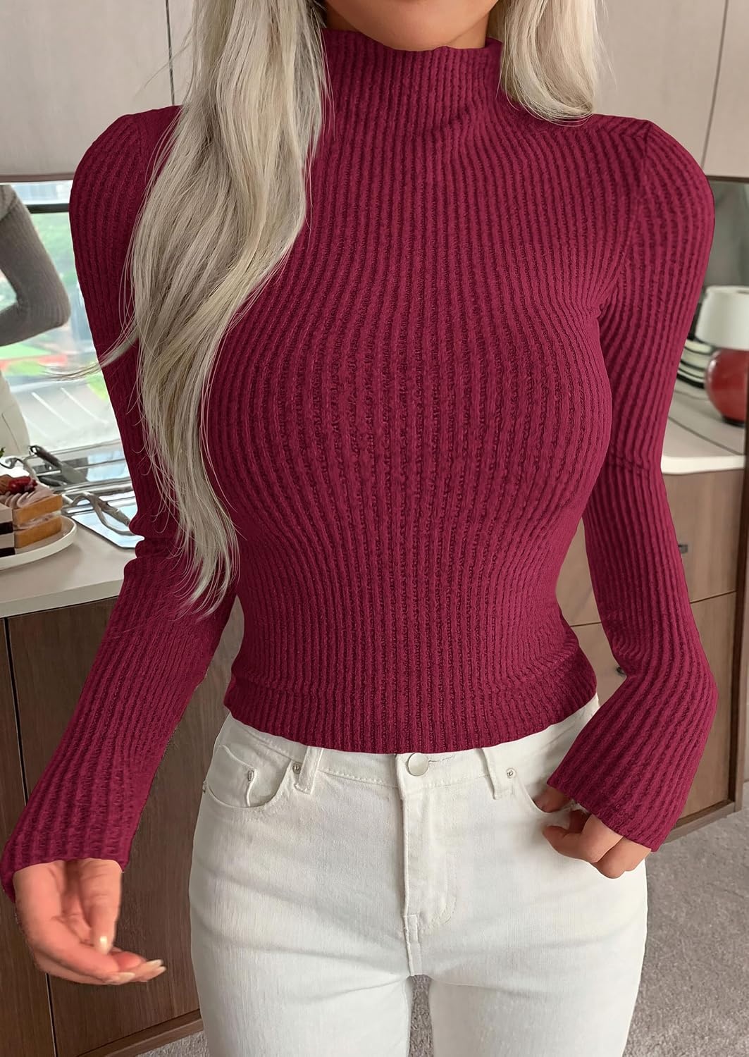 image:imagePRETTYGARDEN Long Sleeve Shirts for Women Fall Clothes Soft Brushed Ribbed Knit Pullover Mock Neck Lightweight Sweater Comfy Underscrubs Basic Casual Winter Layering TopsBurgundy