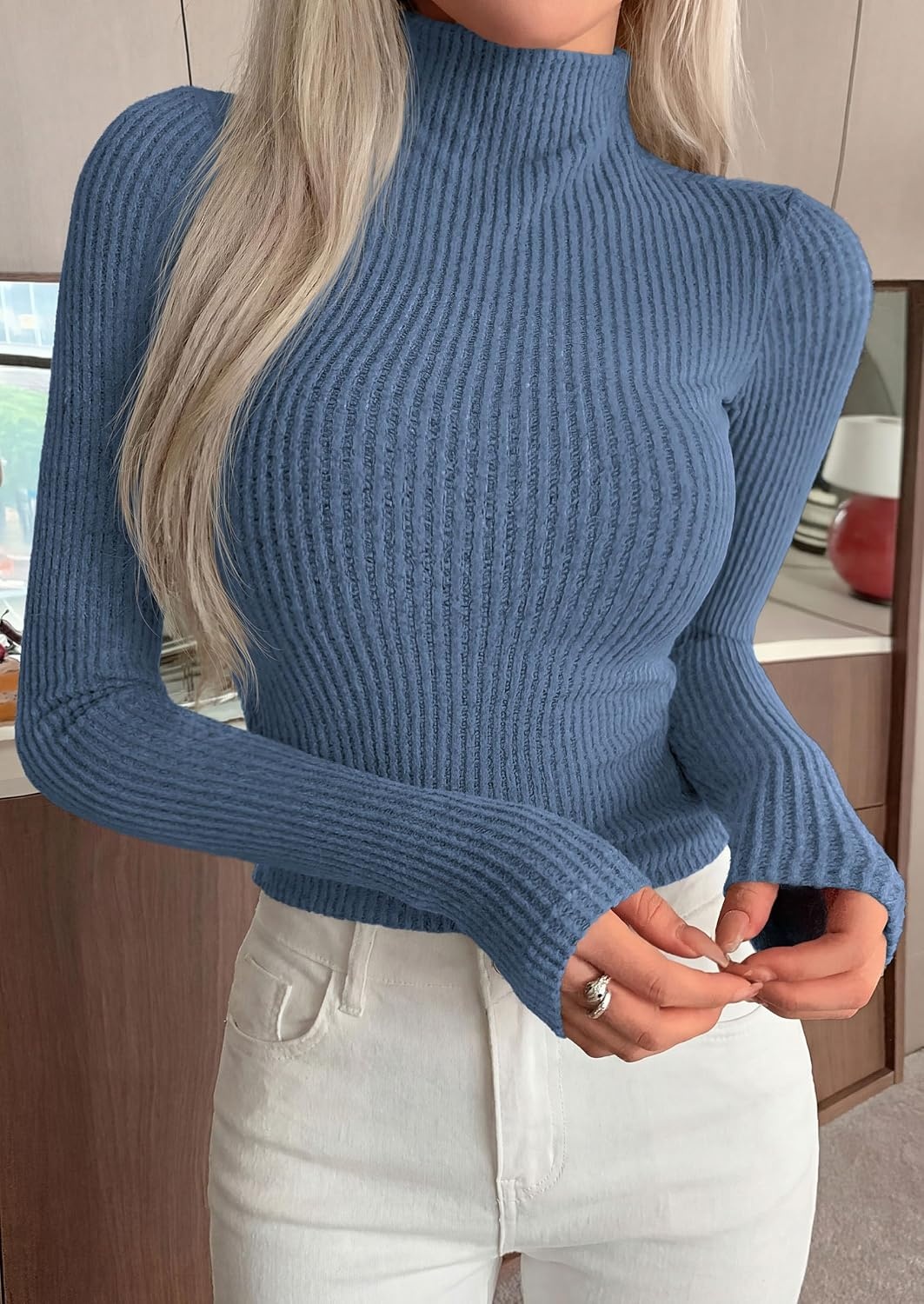image:imagePRETTYGARDEN Long Sleeve Shirts for Women Fall Clothes Soft Brushed Ribbed Knit Pullover Mock Neck Lightweight Sweater Comfy Underscrubs Basic Casual Winter Layering TopsDusty Blue