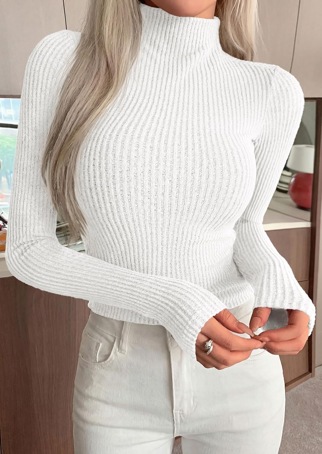 image:imagePRETTYGARDEN Long Sleeve Shirts for Women Fall Clothes Soft Brushed Ribbed Knit Pullover Mock Neck Lightweight Sweater Comfy Underscrubs Basic Casual Winter Layering TopsWhite