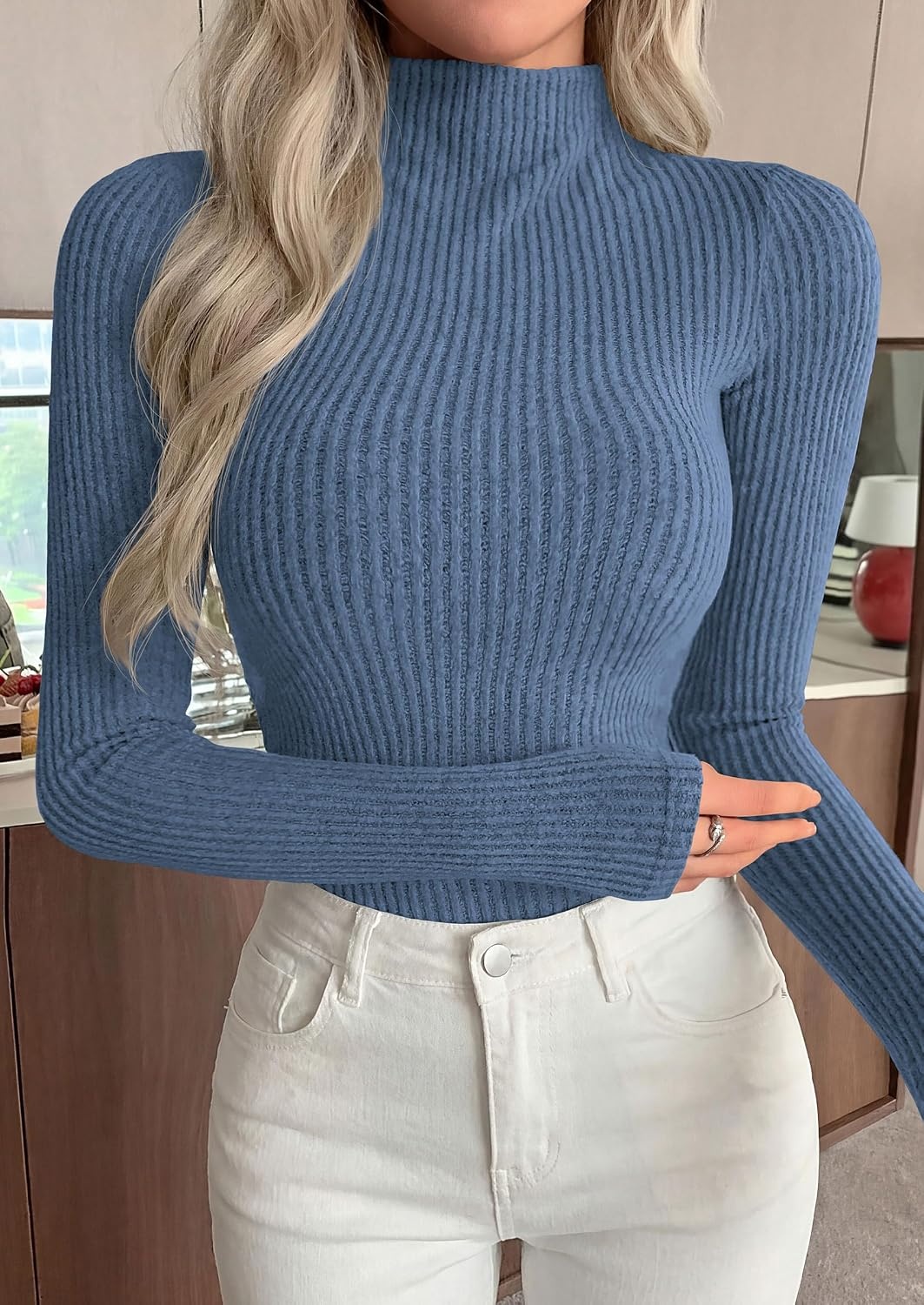 image:imagePRETTYGARDEN Long Sleeve Shirts for Women Fall Clothes Soft Brushed Ribbed Knit Pullover Mock Neck Lightweight Sweater Comfy Underscrubs Basic Casual Winter Layering TopsDusty Blue