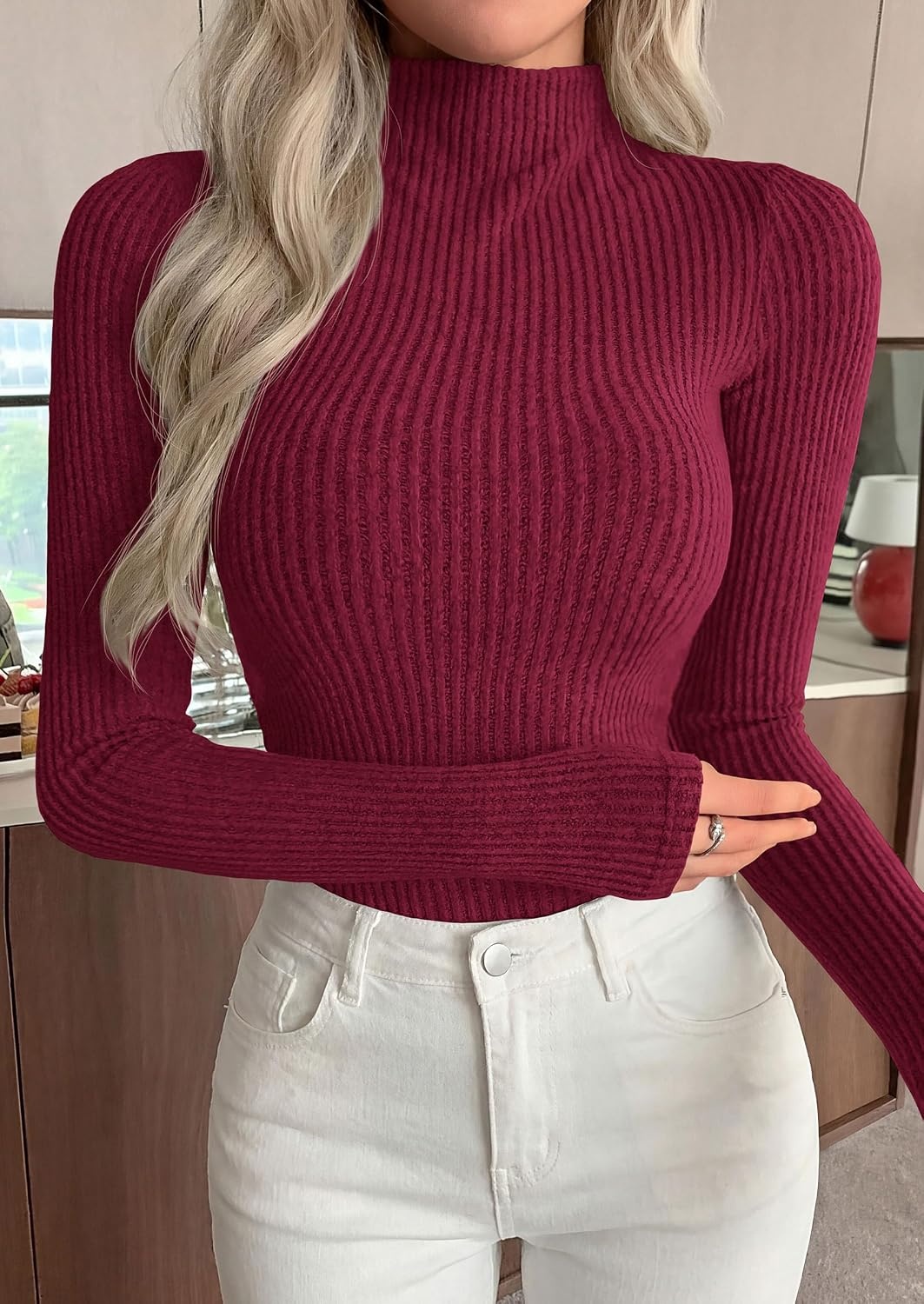 image:imagePRETTYGARDEN Long Sleeve Shirts for Women Fall Clothes Soft Brushed Ribbed Knit Pullover Mock Neck Lightweight Sweater Comfy Underscrubs Basic Casual Winter Layering TopsBurgundy