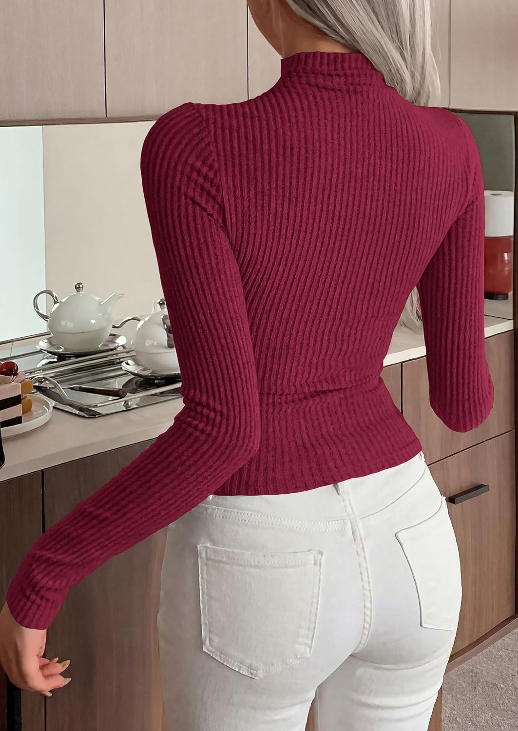 image:imagePRETTYGARDEN Long Sleeve Shirts for Women Fall Clothes Soft Brushed Ribbed Knit Pullover Mock Neck Lightweight Sweater Comfy Underscrubs Basic Casual Winter Layering TopsBurgundy