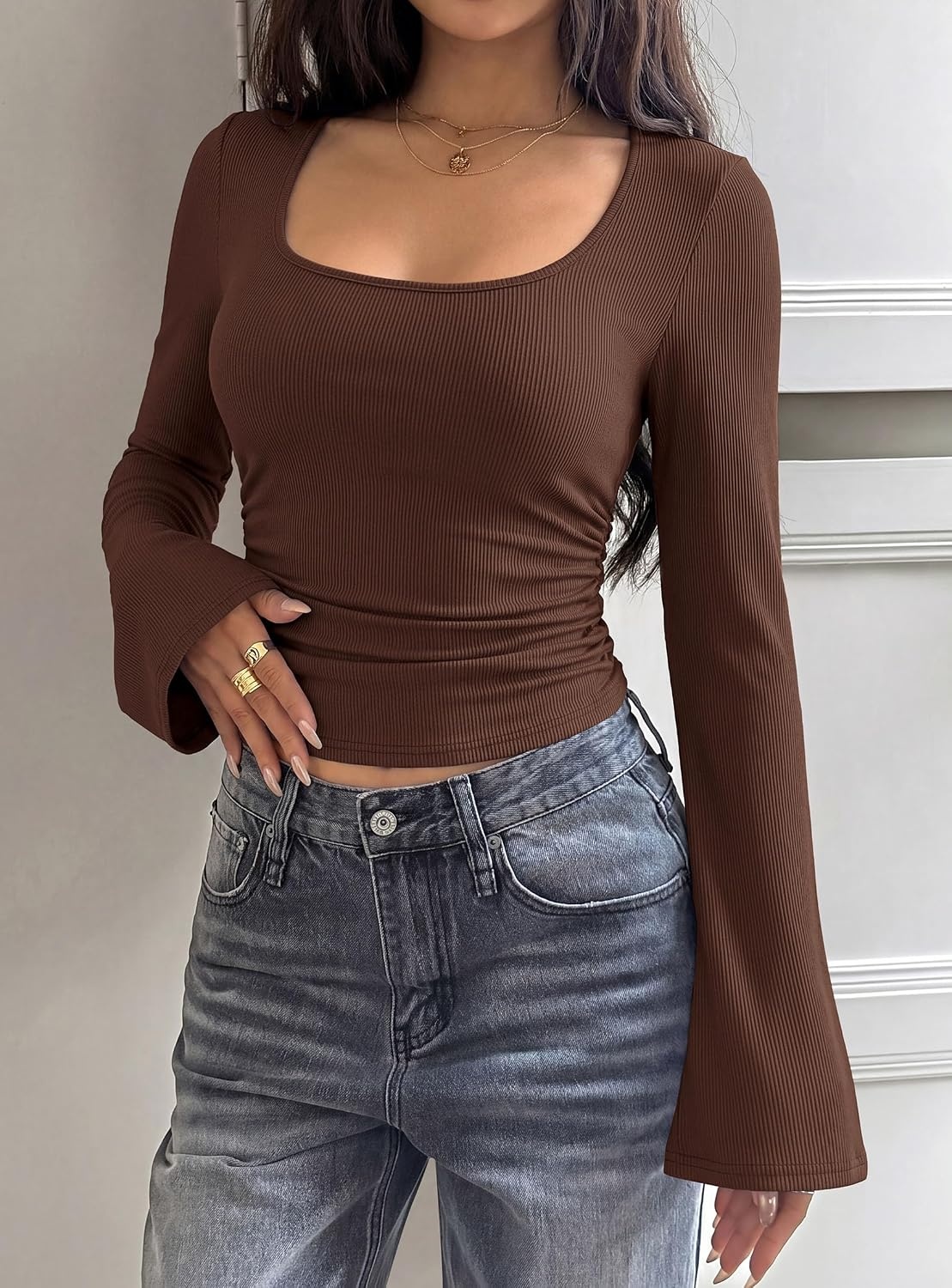 image:imagePRETTYGARDEN Womens Bell Long Sleeve Shirts Going Out Tops Soft Stretchy Ribbed Knit Square Neck Slim Fit Y2K Clothes Trendy Side Ruched Layering Tee for Casual Fall amp Winter WearBrown