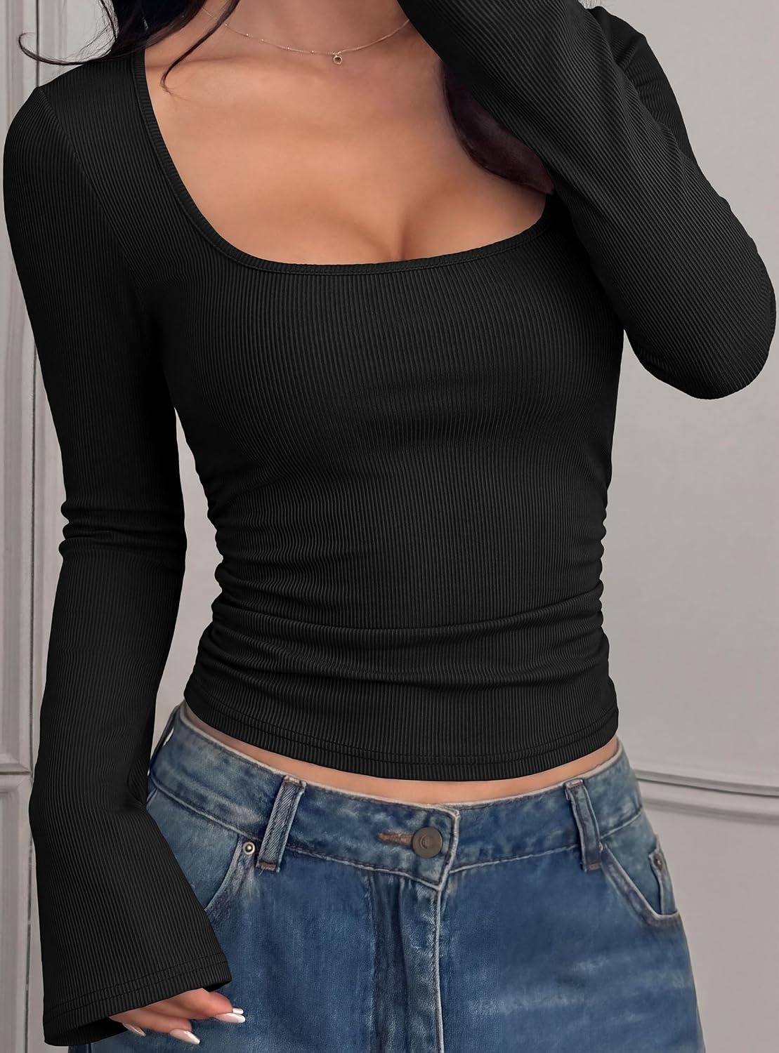 image:imagePRETTYGARDEN Womens Bell Long Sleeve Shirts Going Out Tops Soft Stretchy Ribbed Knit Square Neck Slim Fit Y2K Clothes Trendy Side Ruched Layering Tee for Casual Fall amp Winter WearBlack