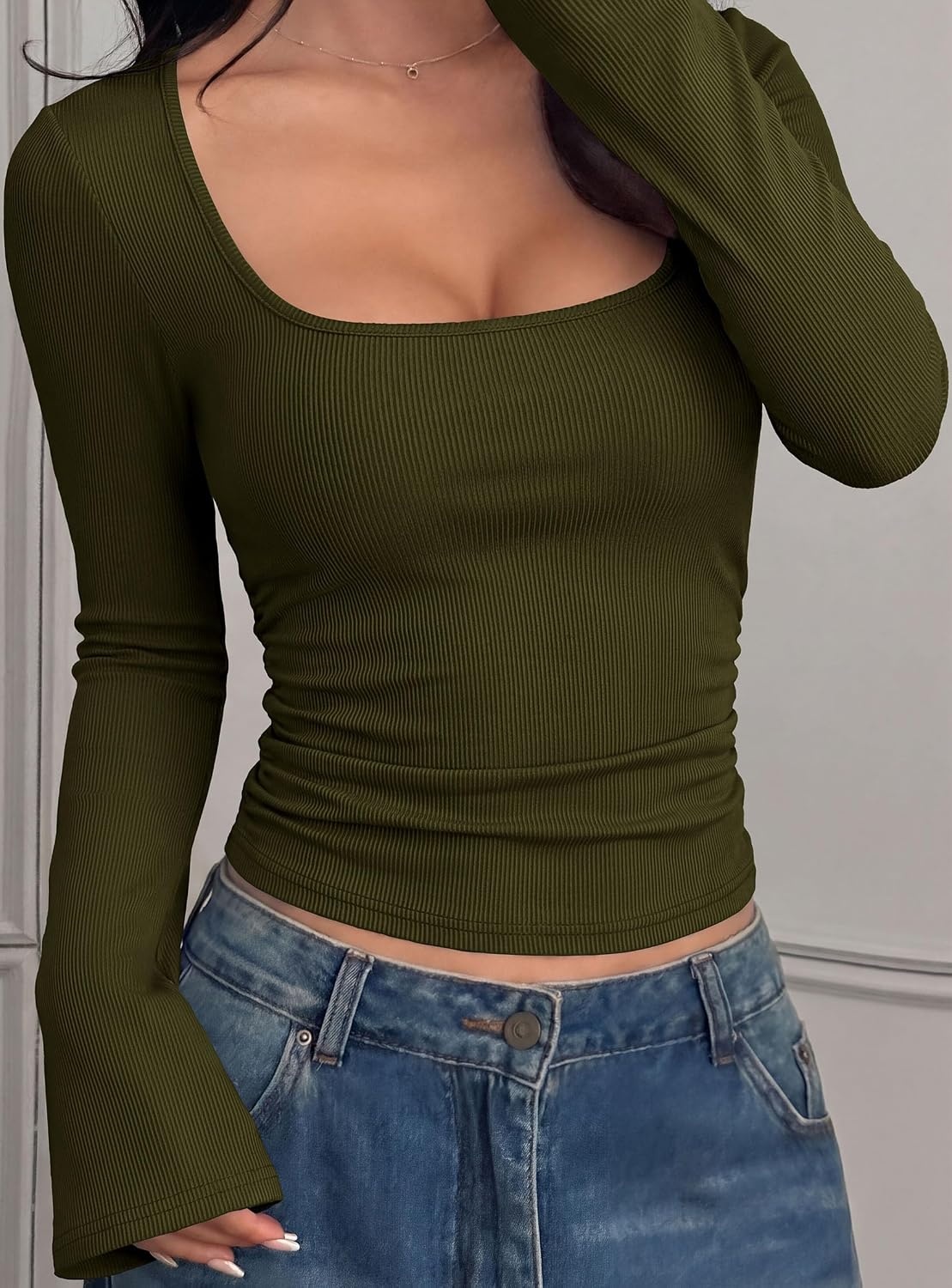 image:imagePRETTYGARDEN Womens Bell Long Sleeve Shirts Going Out Tops Soft Stretchy Ribbed Knit Square Neck Slim Fit Y2K Clothes Trendy Side Ruched Layering Tee for Casual Fall amp Winter WearArmy Green