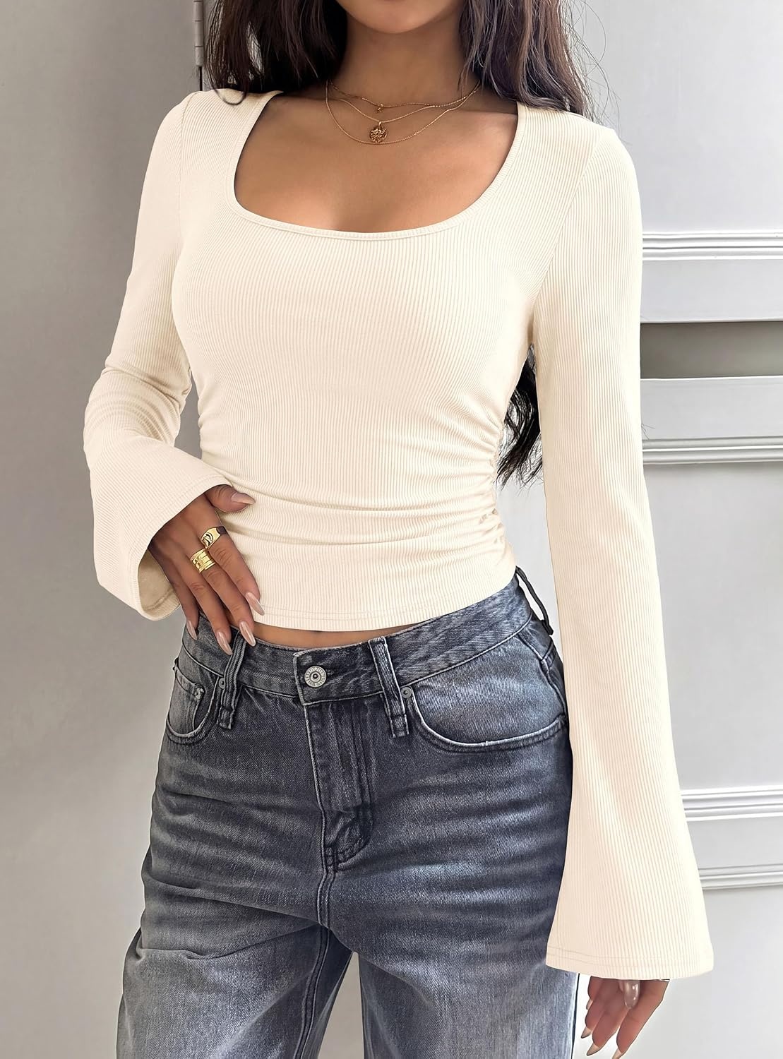 image:imagePRETTYGARDEN Womens Bell Long Sleeve Shirts Going Out Tops Soft Stretchy Ribbed Knit Square Neck Slim Fit Y2K Clothes Trendy Side Ruched Layering Tee for Casual Fall amp Winter WearBeige
