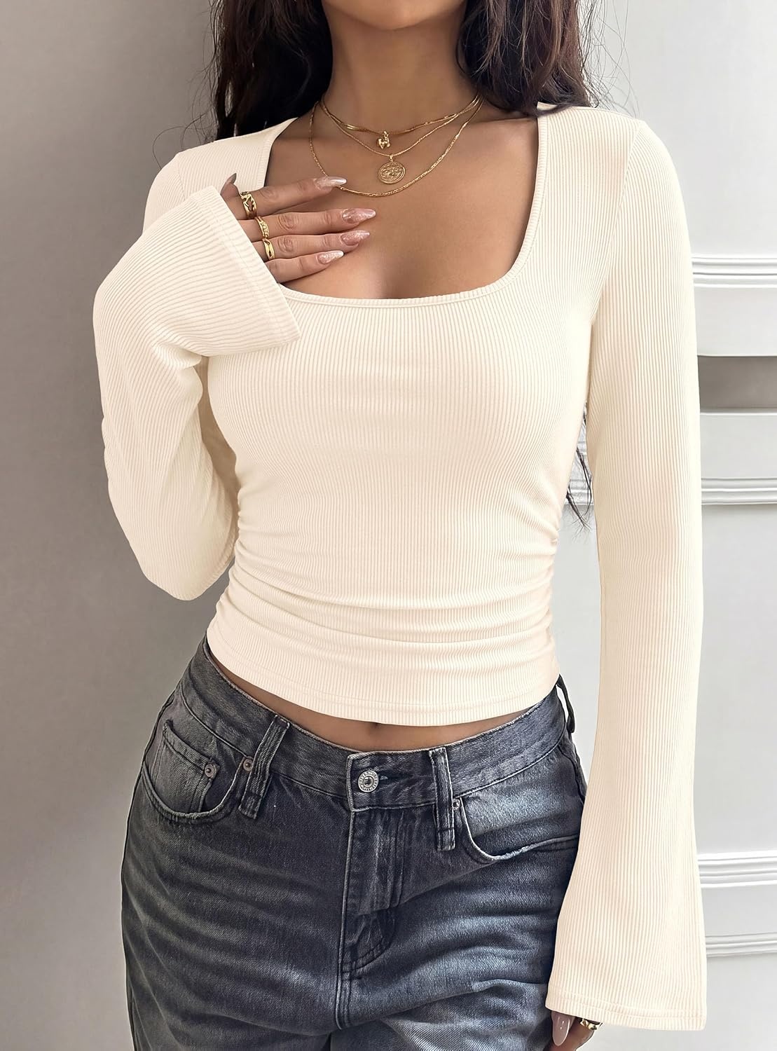 image:imagePRETTYGARDEN Womens Bell Long Sleeve Shirts Going Out Tops Soft Stretchy Ribbed Knit Square Neck Slim Fit Y2K Clothes Trendy Side Ruched Layering Tee for Casual Fall amp Winter WearBeige