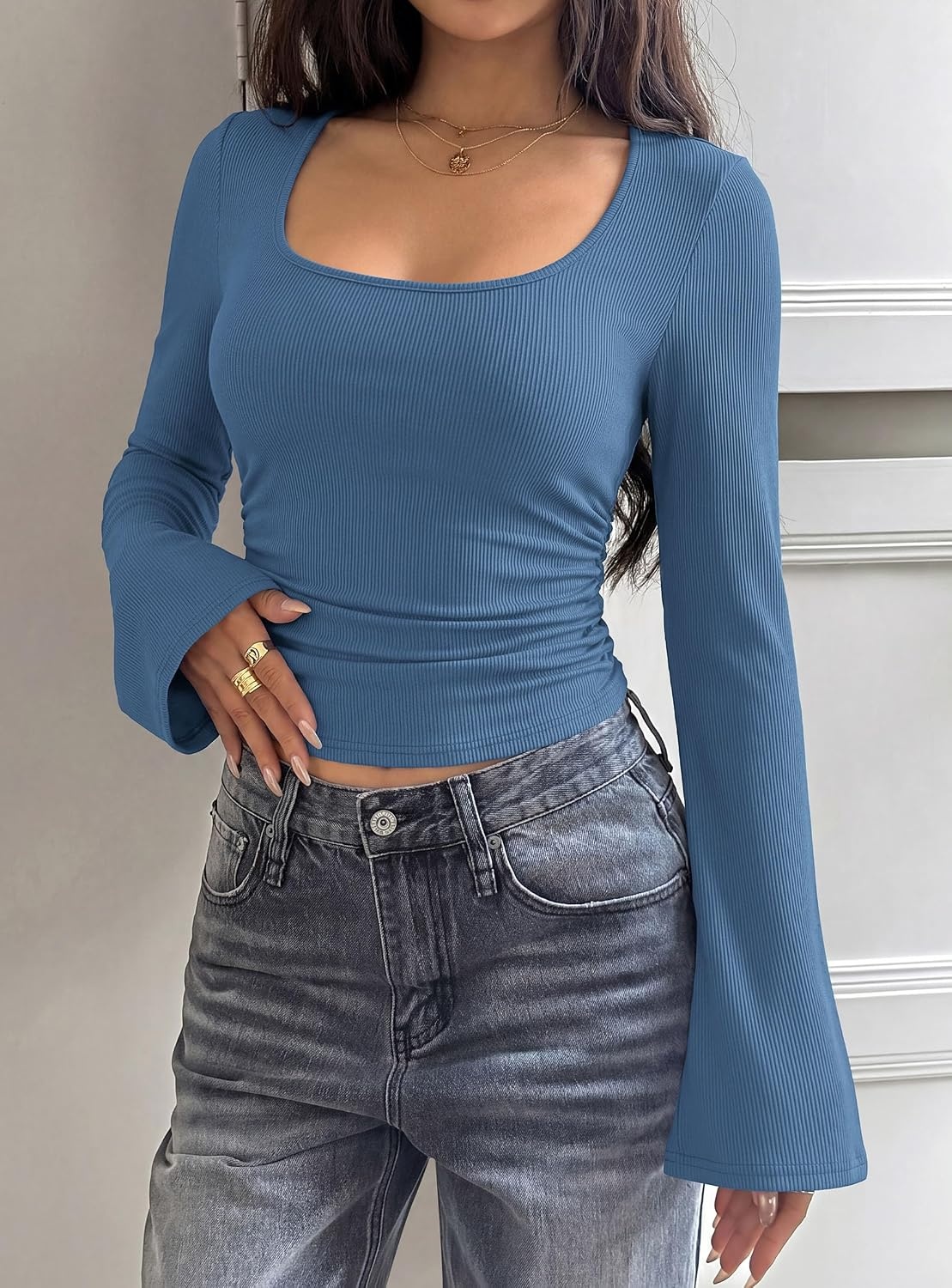 image:imagePRETTYGARDEN Womens Bell Long Sleeve Shirts Going Out Tops Soft Stretchy Ribbed Knit Square Neck Slim Fit Y2K Clothes Trendy Side Ruched Layering Tee for Casual Fall amp Winter WearDusty Blue