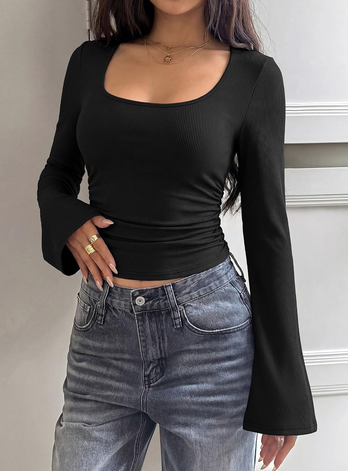 image:imagePRETTYGARDEN Womens Bell Long Sleeve Shirts Going Out Tops Soft Stretchy Ribbed Knit Square Neck Slim Fit Y2K Clothes Trendy Side Ruched Layering Tee for Casual Fall amp Winter WearBlack
