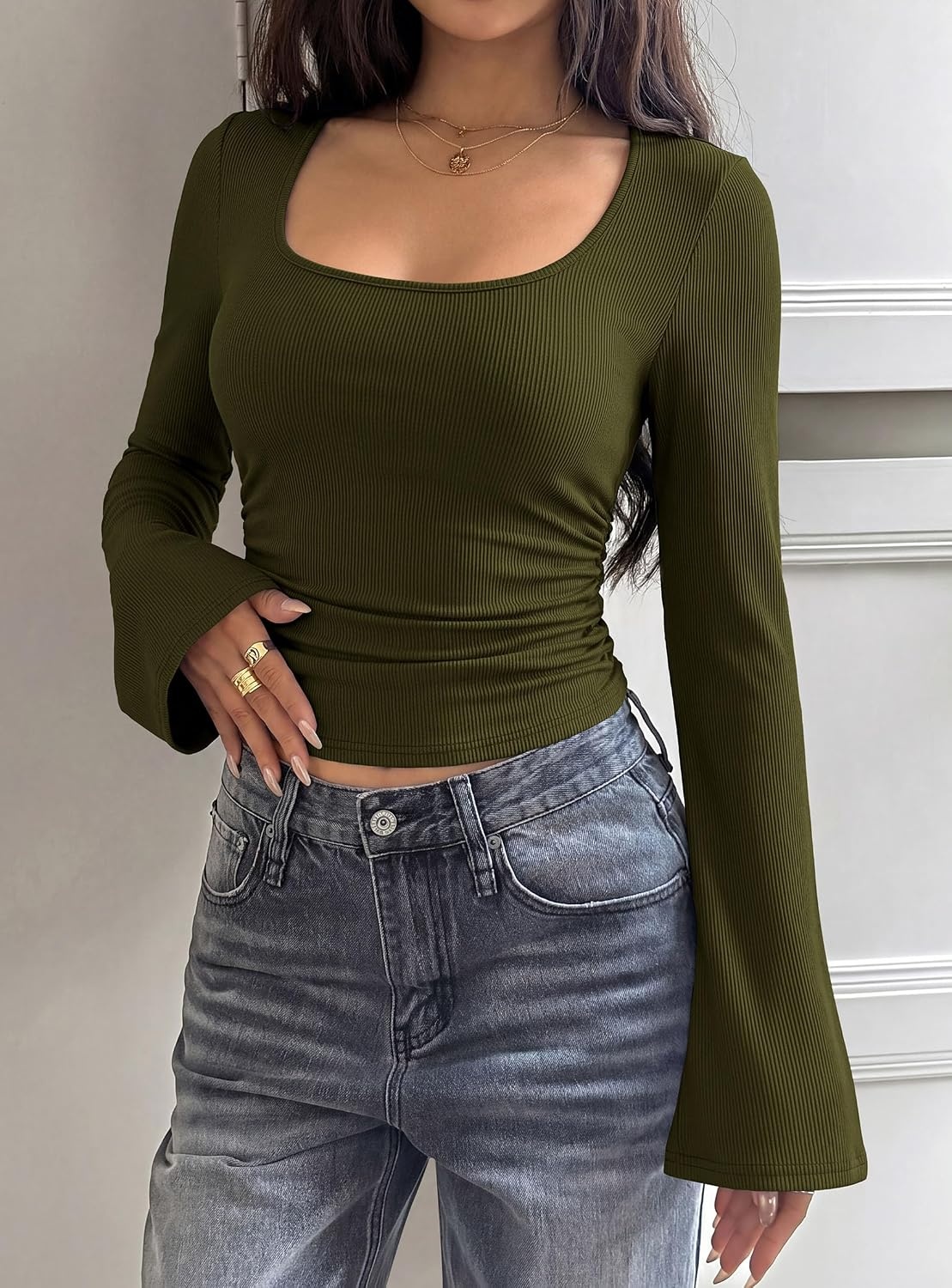image:imagePRETTYGARDEN Womens Bell Long Sleeve Shirts Going Out Tops Soft Stretchy Ribbed Knit Square Neck Slim Fit Y2K Clothes Trendy Side Ruched Layering Tee for Casual Fall amp Winter WearArmy Green