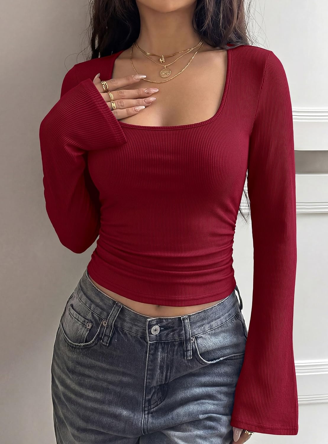 image:imagePRETTYGARDEN Womens Bell Long Sleeve Shirts Going Out Tops Soft Stretchy Ribbed Knit Square Neck Slim Fit Y2K Clothes Trendy Side Ruched Layering Tee for Casual Fall amp Winter WearBurgundy