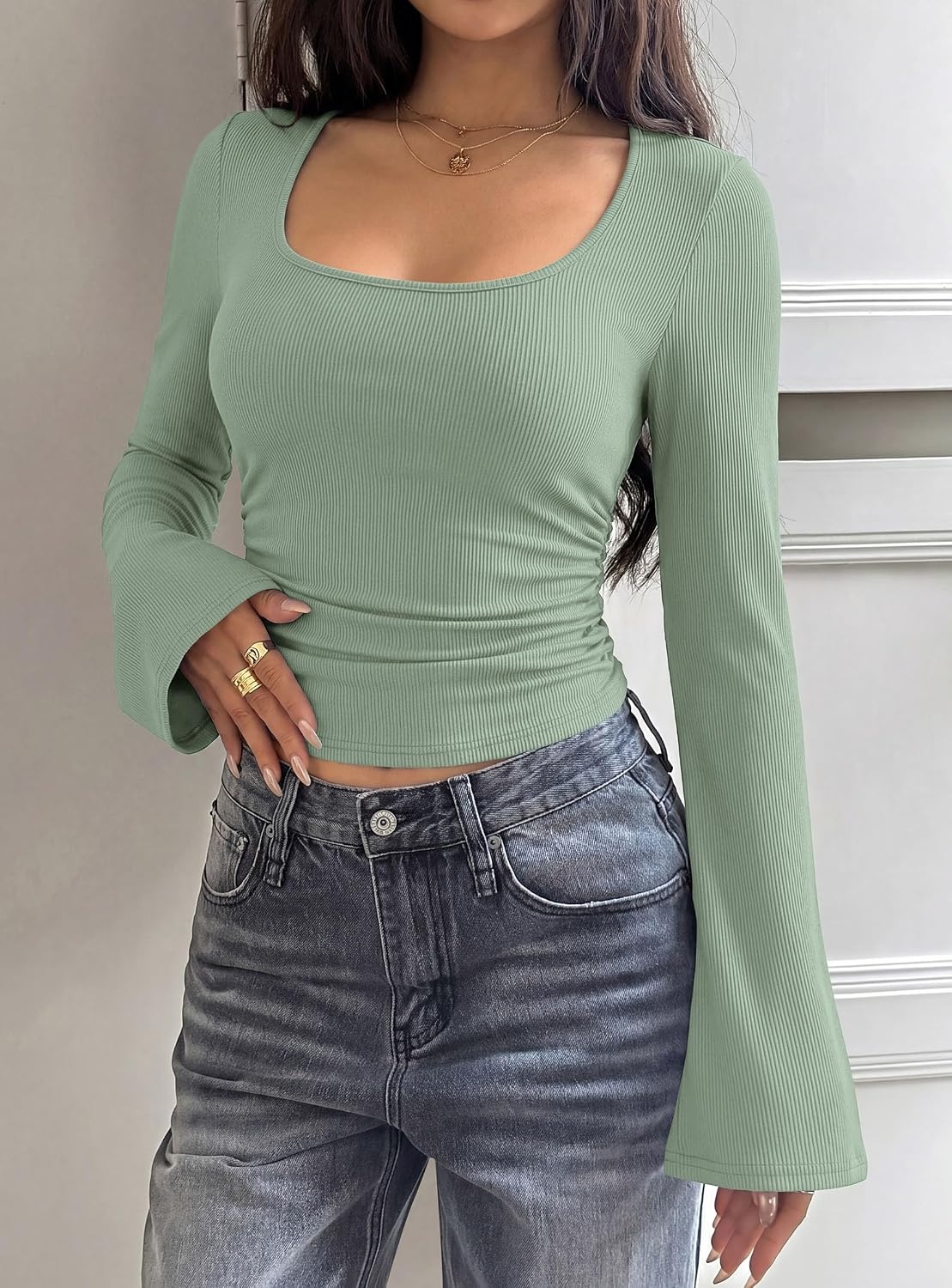 image:imagePRETTYGARDEN Womens Bell Long Sleeve Shirts Going Out Tops Soft Stretchy Ribbed Knit Square Neck Slim Fit Y2K Clothes Trendy Side Ruched Layering Tee for Casual Fall amp Winter WearSage Green
