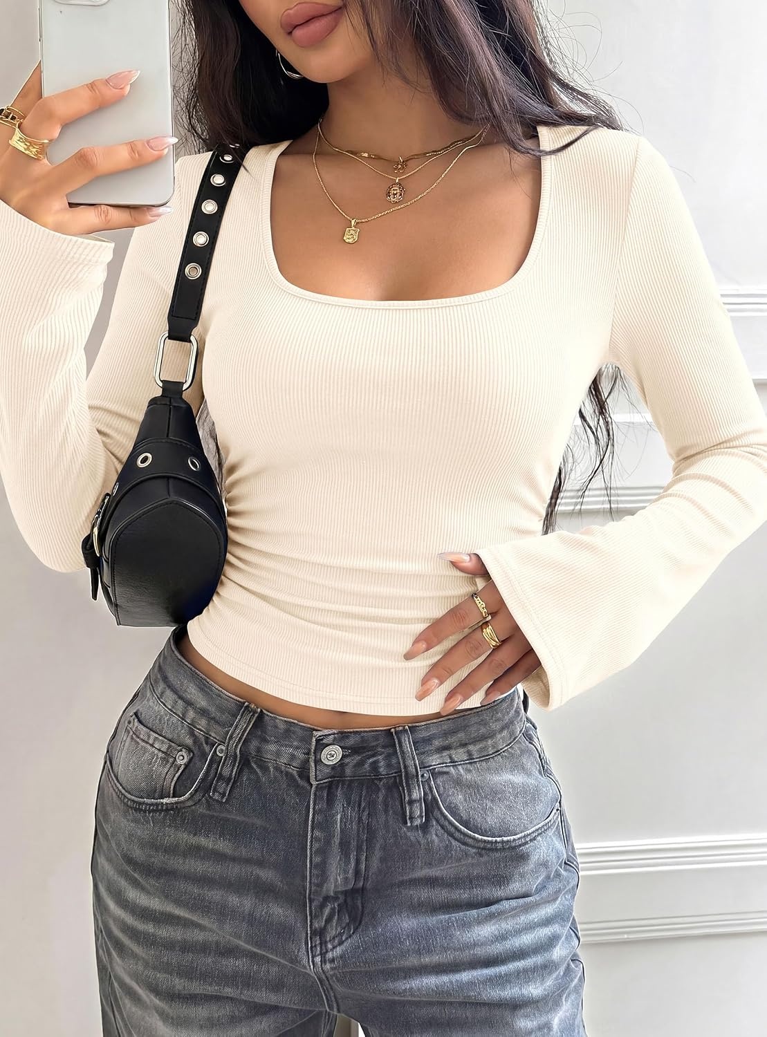 image:imagePRETTYGARDEN Womens Bell Long Sleeve Shirts Going Out Tops Soft Stretchy Ribbed Knit Square Neck Slim Fit Y2K Clothes Trendy Side Ruched Layering Tee for Casual Fall amp Winter WearBeige