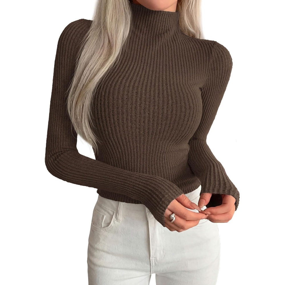 image:imagePRETTYGARDEN Long Sleeve Shirts for Women Fall Clothes Soft Brushed Ribbed Knit Pullover Mock Neck Lightweight Sweater Comfy Underscrubs Basic Casual Winter Layering TopsBrown