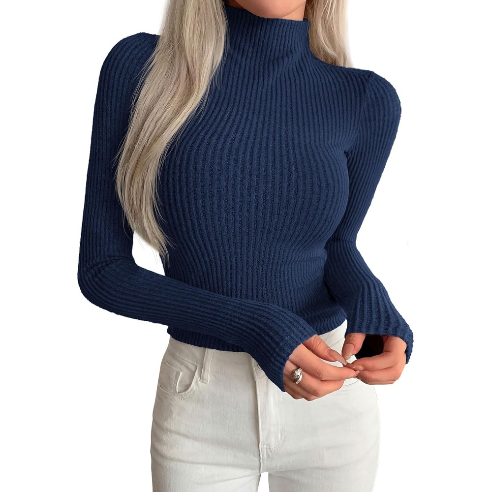 image:imagePRETTYGARDEN Long Sleeve Shirts for Women Fall Clothes Soft Brushed Ribbed Knit Pullover Mock Neck Lightweight Sweater Comfy Underscrubs Basic Casual Winter Layering TopsNavy Blue