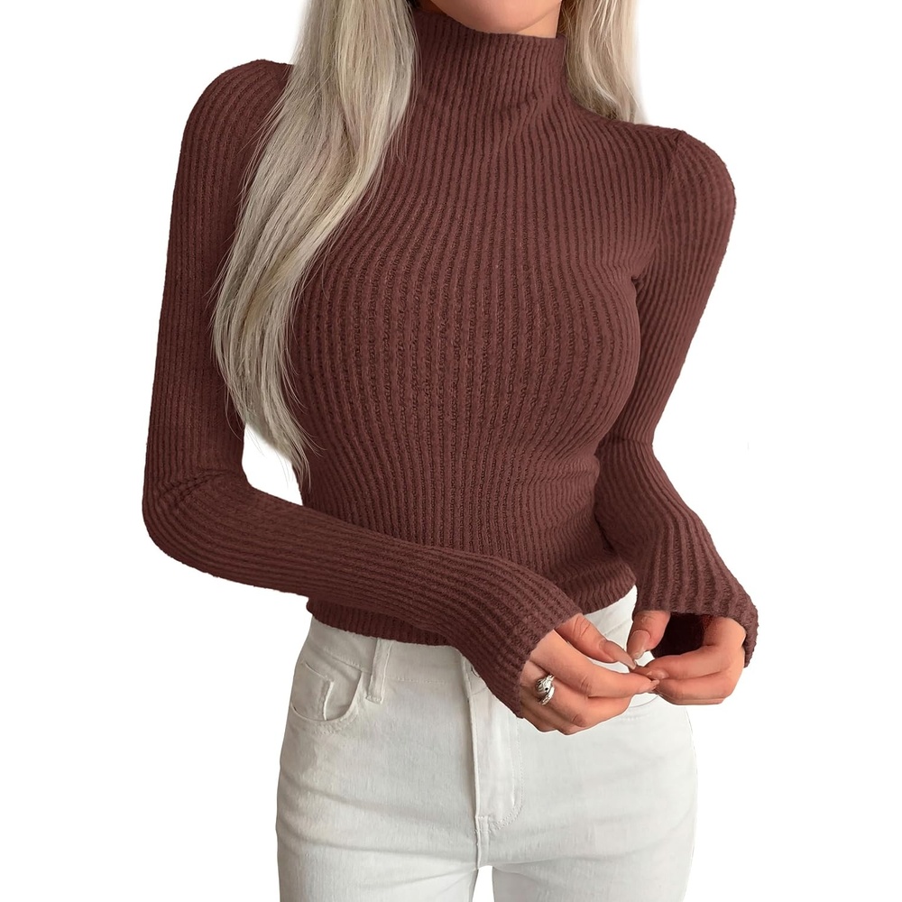 image:imagePRETTYGARDEN Long Sleeve Shirts for Women Fall Clothes Soft Brushed Ribbed Knit Pullover Mock Neck Lightweight Sweater Comfy Underscrubs Basic Casual Winter Layering TopsCoffee