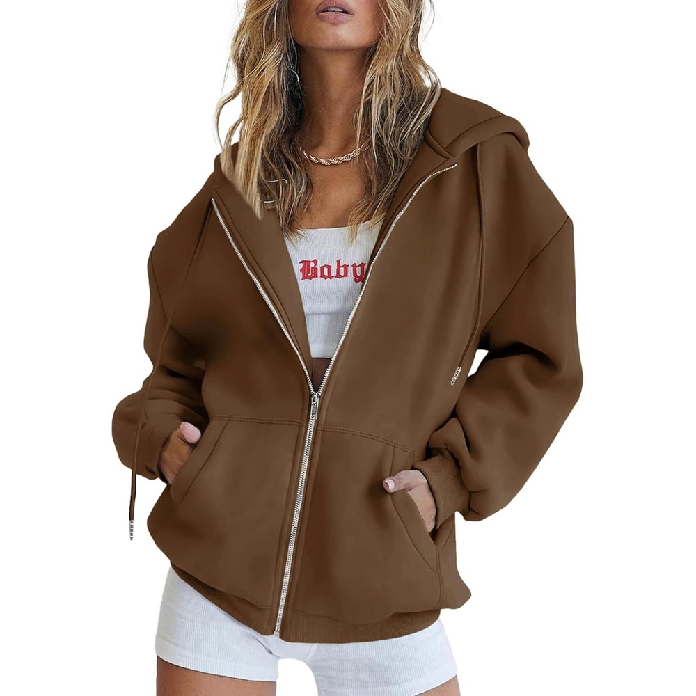 image:imagePRETTYGARDEN Womens 2026 Spring Zip Up Y2K Hoodies Casual Long Sleeve Sweatshirts Fall Winter Track Jackets with PocketsBrown
