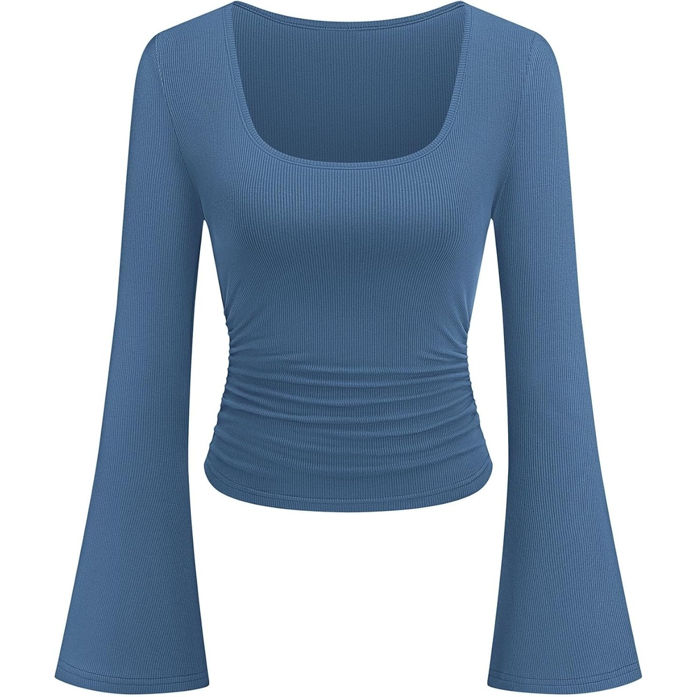 image:imagePRETTYGARDEN Womens Bell Long Sleeve Shirts Going Out Tops Soft Stretchy Ribbed Knit Square Neck Slim Fit Y2K Clothes Trendy Side Ruched Layering Tee for Casual Fall amp Winter WearDusty Blue