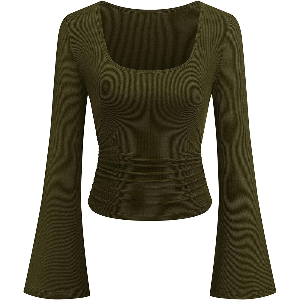image:imagePRETTYGARDEN Womens Bell Long Sleeve Shirts Going Out Tops Soft Stretchy Ribbed Knit Square Neck Slim Fit Y2K Clothes Trendy Side Ruched Layering Tee for Casual Fall amp Winter WearArmy Green