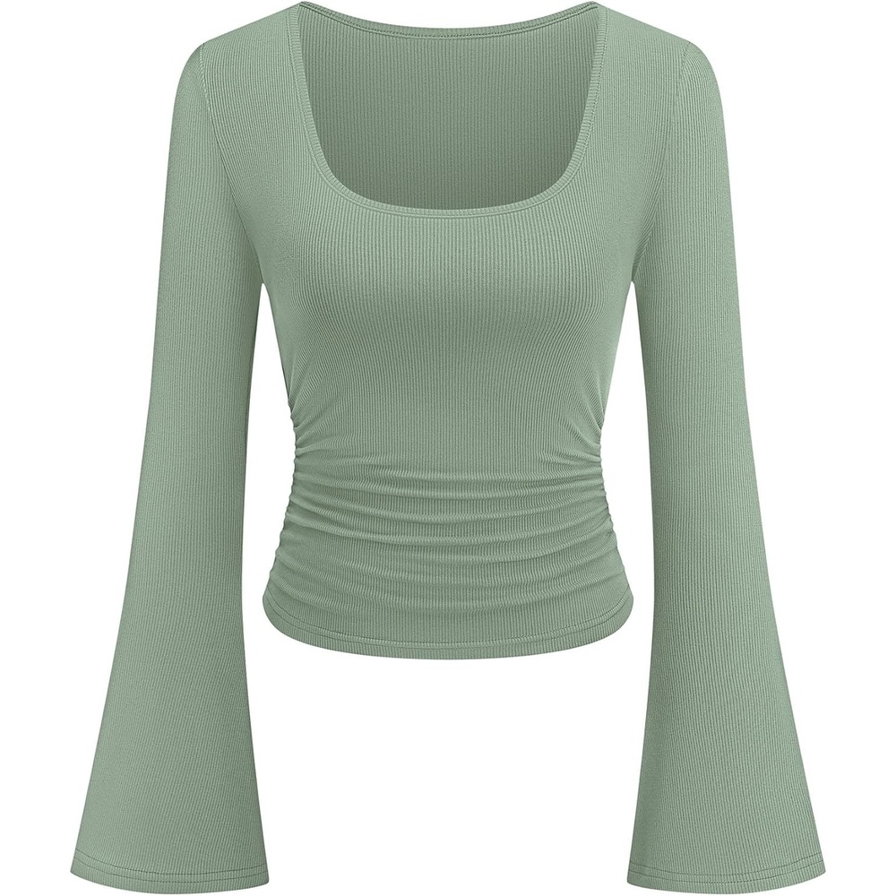 image:imagePRETTYGARDEN Womens Bell Long Sleeve Shirts Going Out Tops Soft Stretchy Ribbed Knit Square Neck Slim Fit Y2K Clothes Trendy Side Ruched Layering Tee for Casual Fall amp Winter WearSage Green