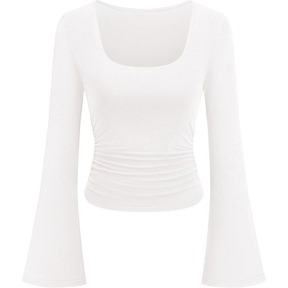 image:imagePRETTYGARDEN Womens Bell Long Sleeve Shirts Going Out Tops Soft Stretchy Ribbed Knit Square Neck Slim Fit Y2K Clothes Trendy Side Ruched Layering Tee for Casual Fall amp Winter WearWhite