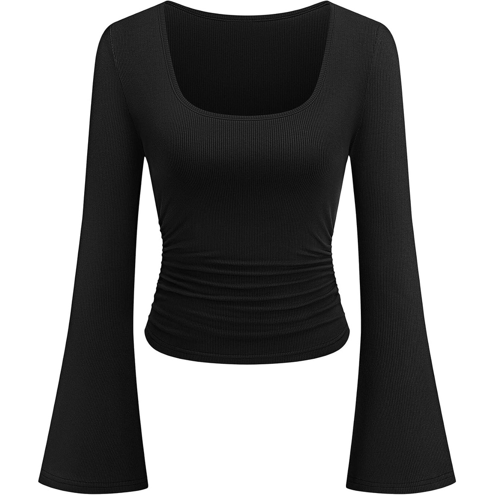image:imagePRETTYGARDEN Womens Bell Long Sleeve Shirts Going Out Tops Soft Stretchy Ribbed Knit Square Neck Slim Fit Y2K Clothes Trendy Side Ruched Layering Tee for Casual Fall amp Winter WearBlack