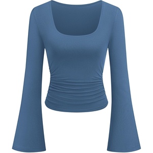 PRETTYGARDEN Womens Bell Long Sleeve Shirts Going Out Tops | Soft Stretchy Ribbed Knit, Square Neck, Slim Fit Y2K Clothes, Trendy Side Ruched, Layering Tee for Casual Fall & Winter Wear(Dusty Blue)