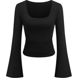 PRETTYGARDEN Womens Bell Long Sleeve Shirts Going Out Tops | Soft Stretchy Ribbed Knit, Square Neck, Slim Fit Y2K Clothes, Trendy Side Ruched, Layering Tee for Casual Fall & Winter Wear(Black)